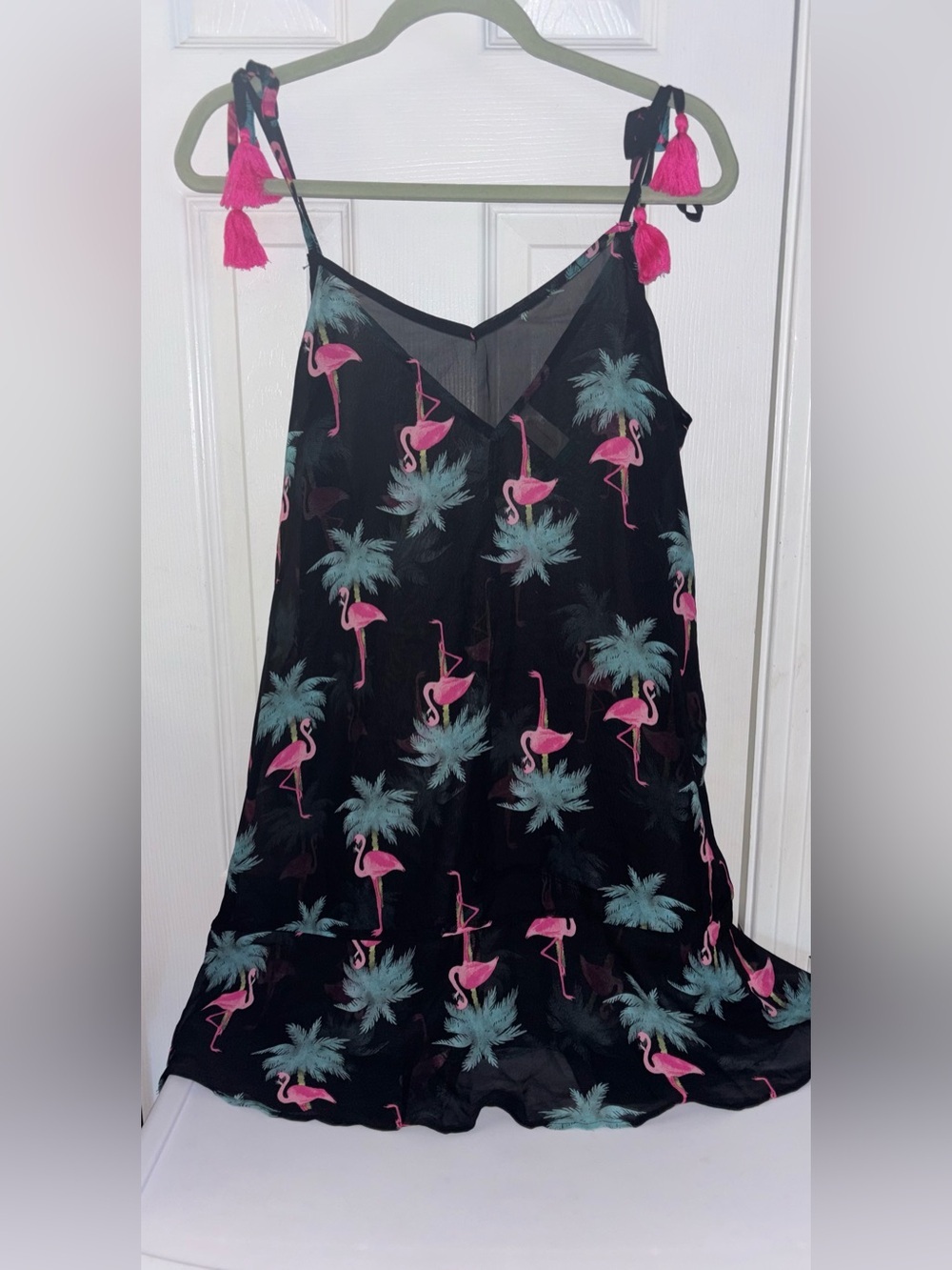 Black Tropical Flamingo Slip Dress with Pink Tassel Straps XL